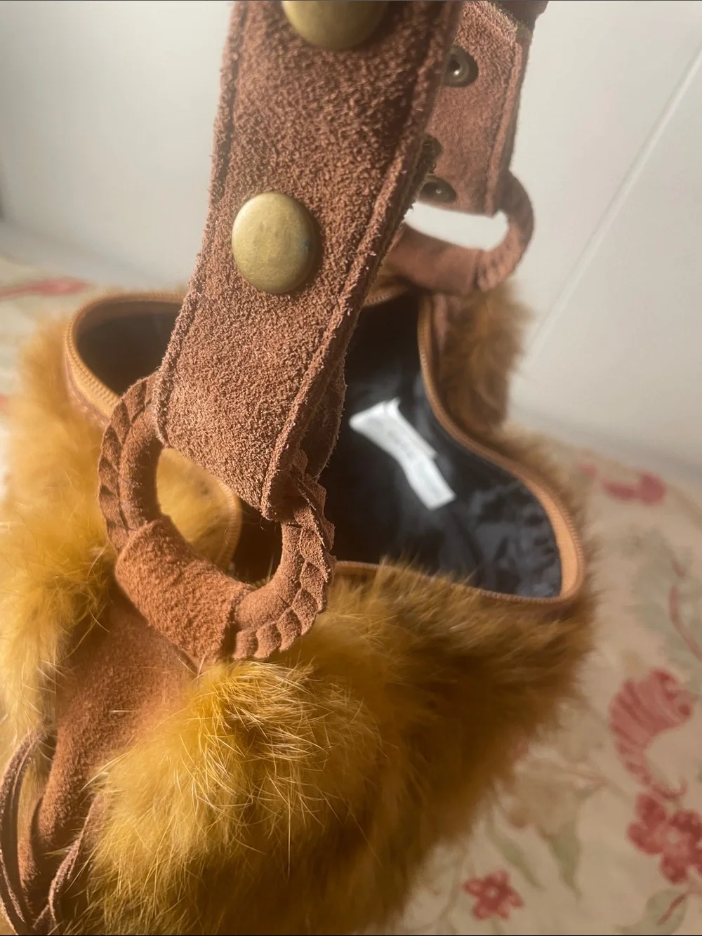 FEFA Suede Side  Fringe Rabbit Fur Hobo Bag in Chestnut Brown